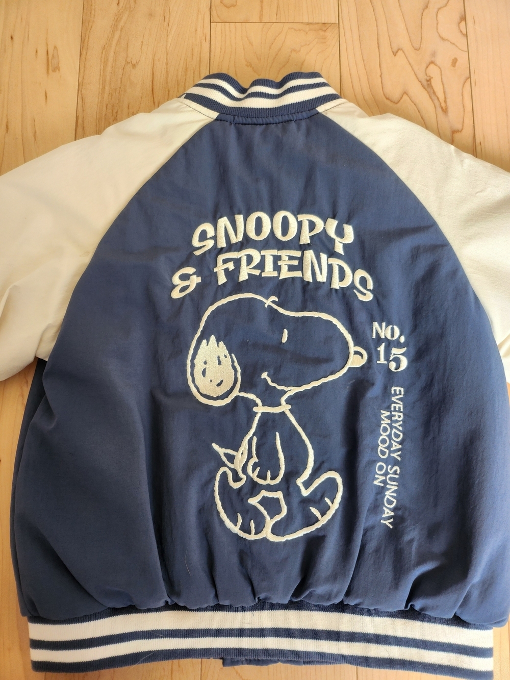 Zara Navy & Cream Peanuts Snoopy Insulated Varsity Jacket, Size 4 - Picture 2 of 5